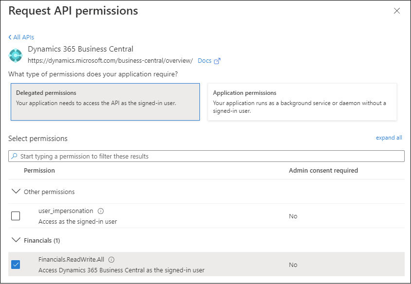 Screenshot of the Request API permissions page.