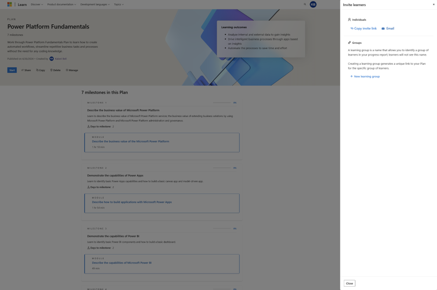 لقطة شاشة لخيار دعوة المتعلمين إلى الخطة.