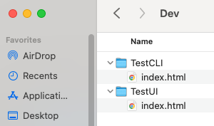 لقطة شاشة لمجلدات TestUI وTestCLI مع ملفات index.html.