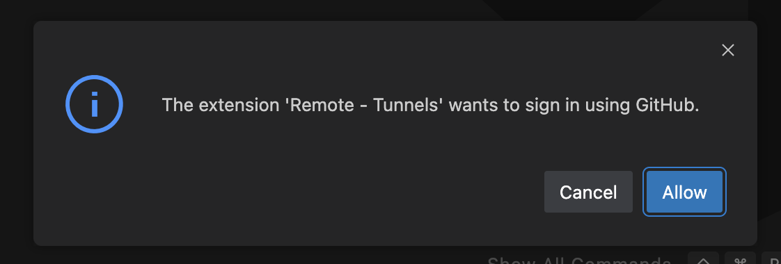 لقطة شاشة لإذن ملحق Remote - Tunnels لتسجيل الدخول.