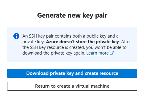 لقطة شاشة تعرض المطالبة أثناء إنشاء جهاز Azure الظاهري لتنزيل المفتاح الخاص وإنشاء مورد.