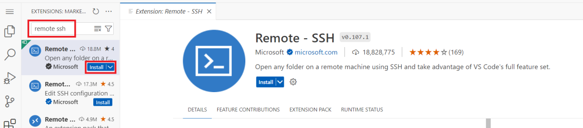 لقطة شاشة تسلط الضوء على كيفية البحث عن تثبيت ملحق Visual Studio Code Remote - SSH.