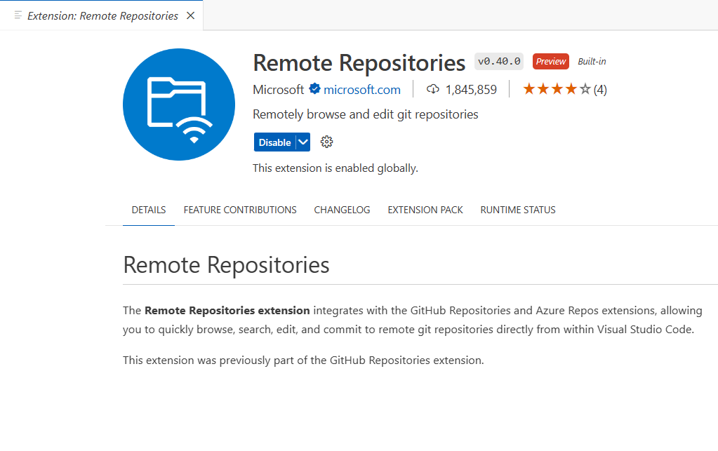 لقطة شاشة لملحق Remote Repositories في VS Code.