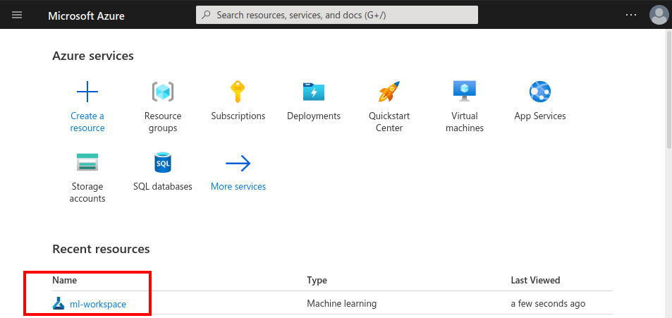 Screenshot showing the Azure portal with a red box around ml-workspace.