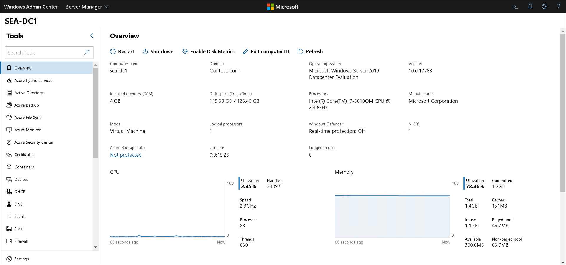 لقطة شاشة لمركز إدارة Windows. لقد حدد المسؤول Server Manager. يتم عرض جزء Overview لخادم يسمى SEA-DC1.