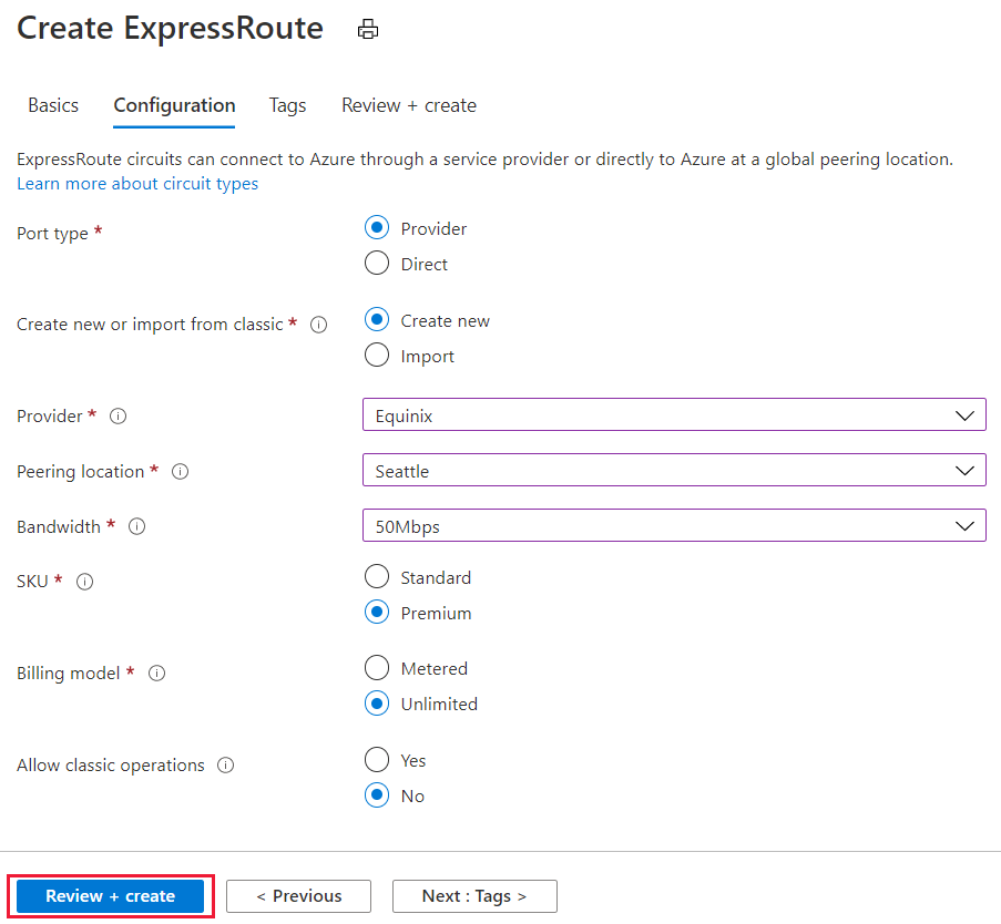 Azure portal - Create ExpressRoute configuration tab