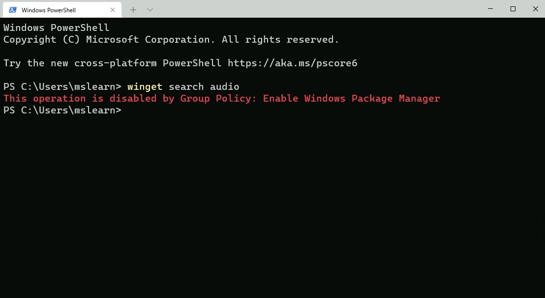 يكون Windows Package Manager معطلاً من خلال Group Policy