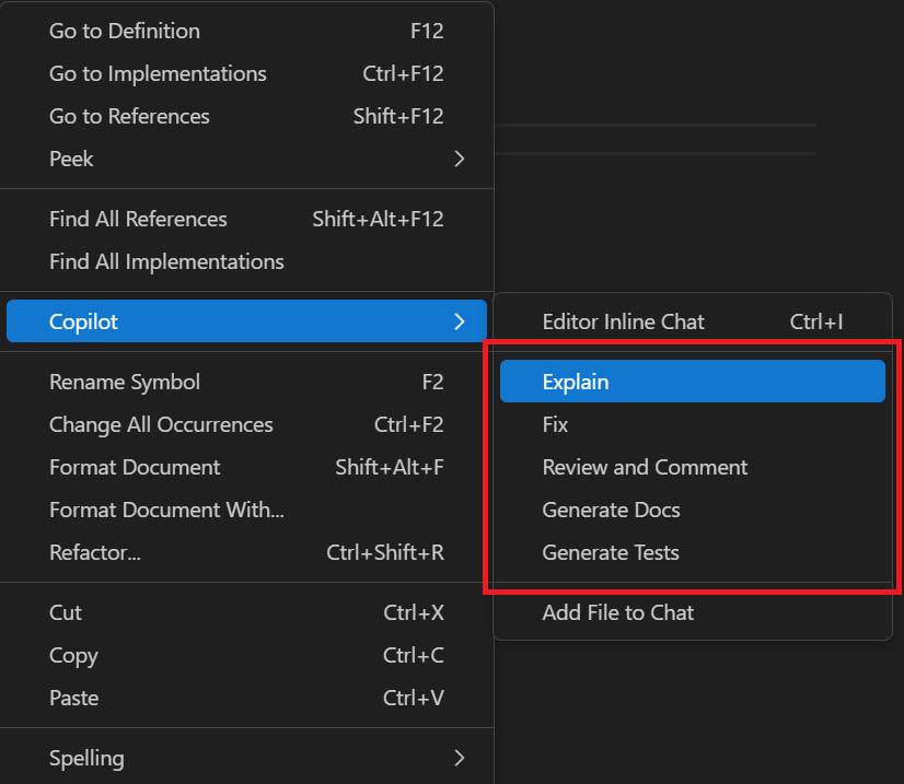 لقطة شاشة توضح كيفية الوصول إلى الإجراءات الذكية في Visual Studio Code.