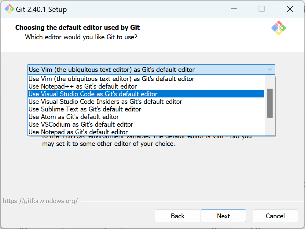 لقطة شاشة لاختيار المحرر الافتراضي أثناء تثبيت Git.
