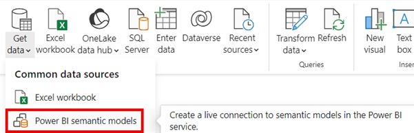 لقطة شاشة تعرض خيار اتصال النموذج الدلالي Power BI.