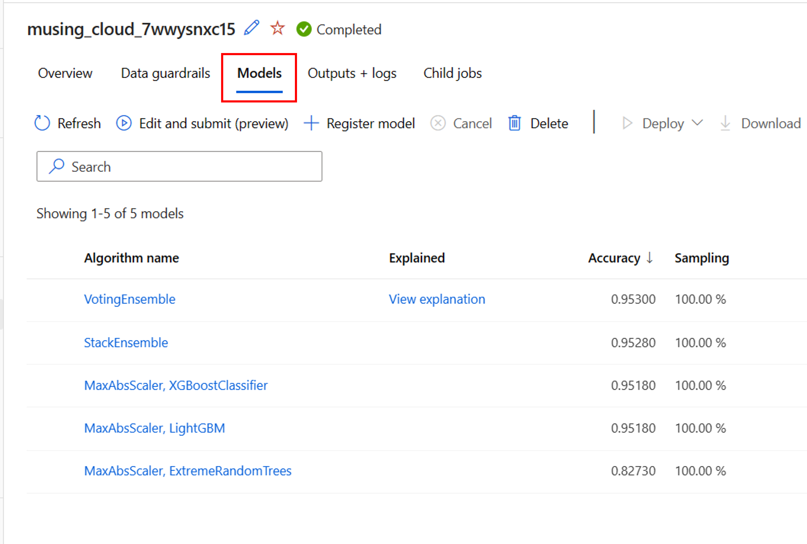 لقطة شاشة لعلامة تبويب النماذج في تجربة تعلم آلي آلية تجرى في استوديو Azure Machine Learning.