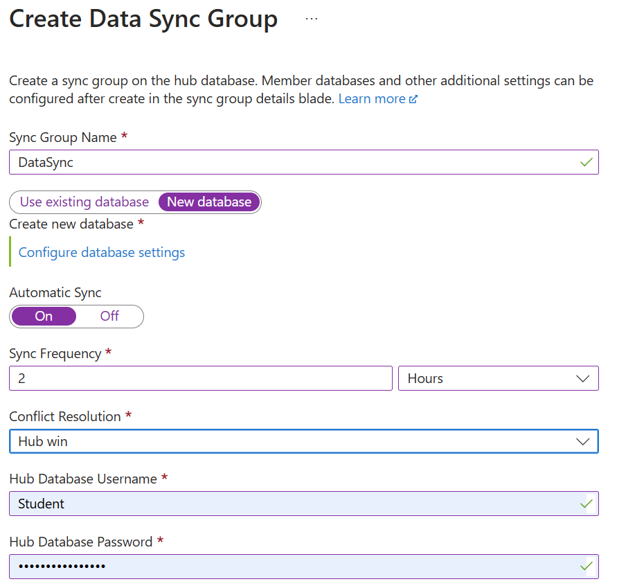 لقطة شاشة توضح كيفية إنشاء مجموعة مزامنة البيانات في مدخل Microsoft Azure.