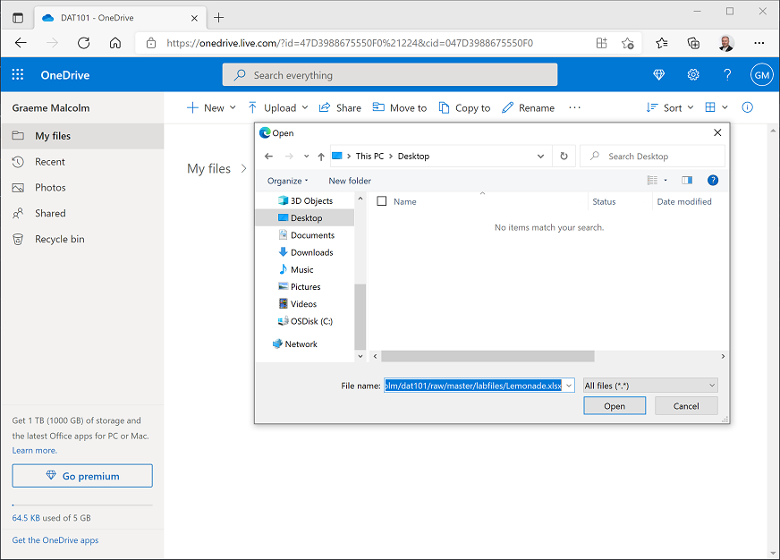 Screenshot of uploading a file to One Drive.