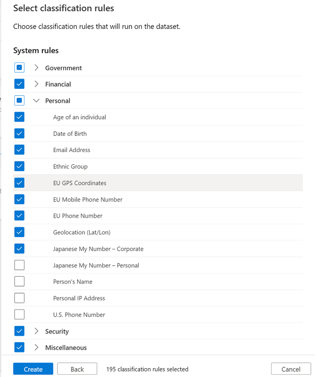 لقطة شاشة لقواعد تصنيف مجموعة قواعد الفحص ل Microsoft Purview.