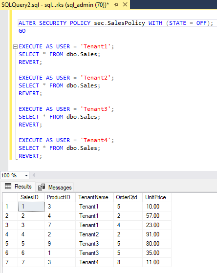 لقطة شاشة لأوامر T-SQL لتغيير نهج الأمان.