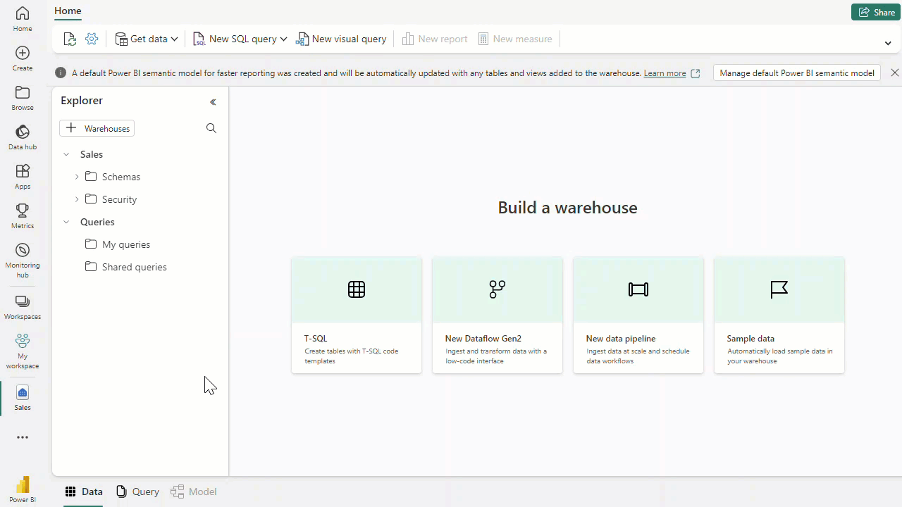 صورة GIF متحركة توضح كيفية الاستعلام عن المستودعات الأخرى في مساحة عمل من مساحة عمل Fabric.