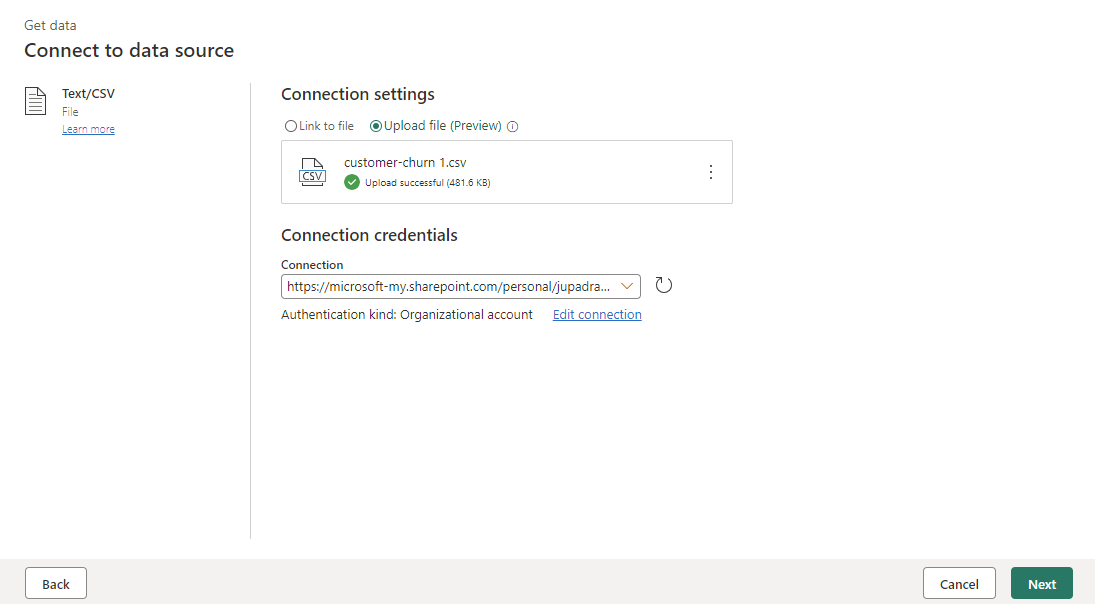 لقطة شاشة توضح كيفية تحميل نص أو ملف CSV.
