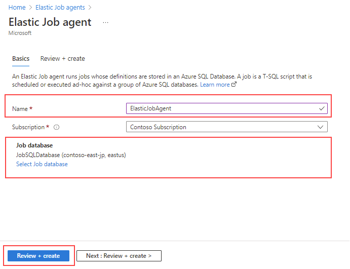 Screenshot of the elastic job agent creation page.