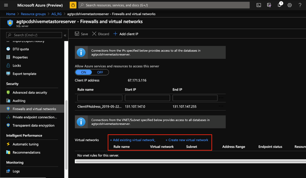 SQL Database Virtual networks configurations