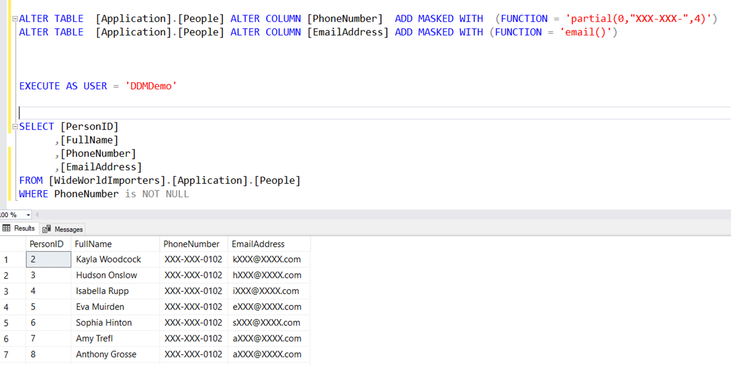 لقطة شاشة لأوامر T-SQL لإخفاء البيانات الديناميكية.