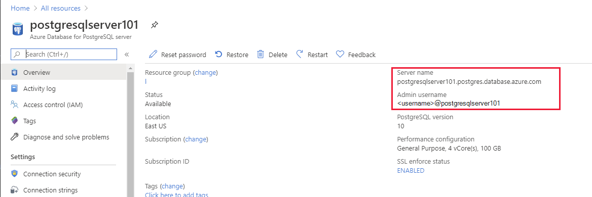 صفحة نظرة عامة لقاعدة بيانات Azure لمثيل PostgreSQL في مدخل Microsoft Azure