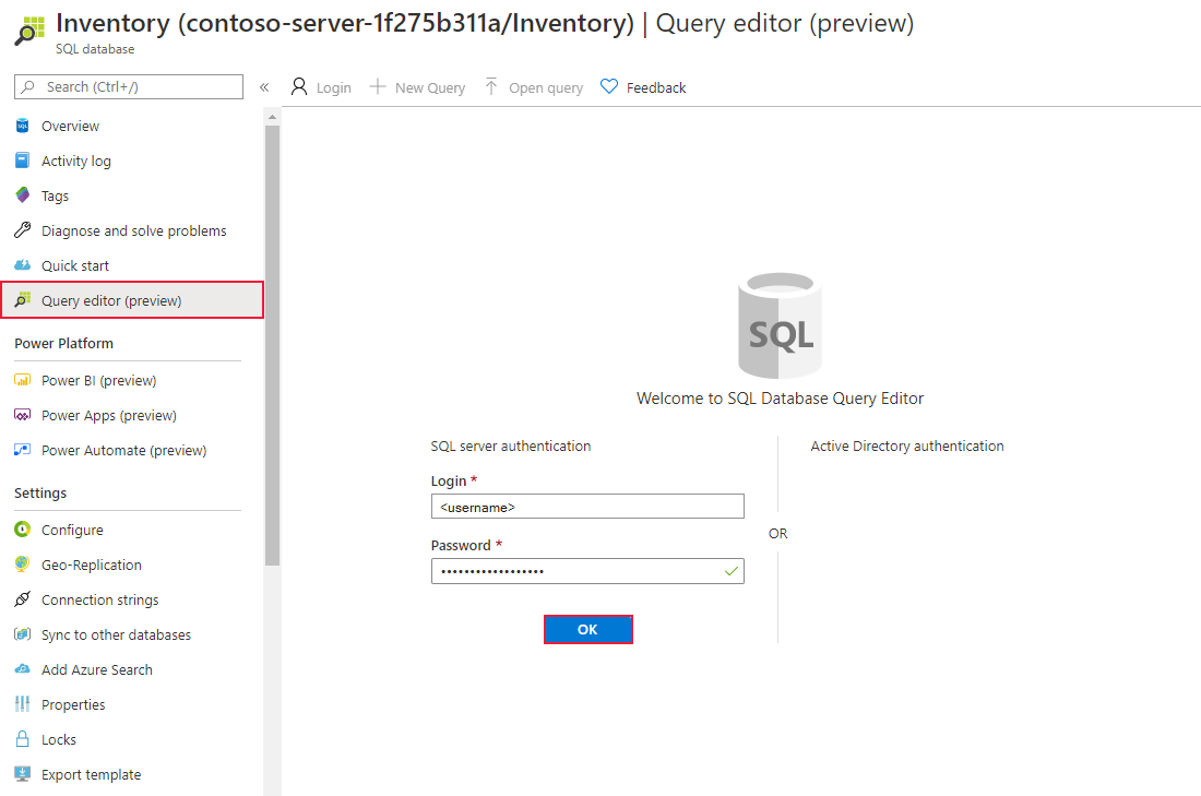 صفحة تسجيل الدخول إلى قاعدة بيانات SQL في مدخل Azure.
