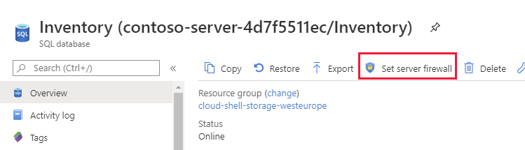 صفحة نظرة عامة لمثيل قاعدة بيانات SQL. حدد المستخدم تعيين جدار حماية الخادم.