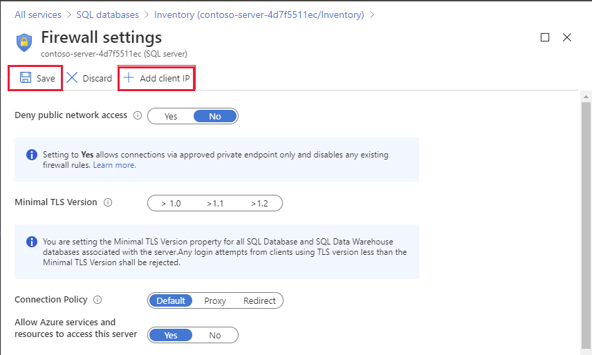 صفحة إعدادات جدار الحماية لمثيل قاعدة بيانات SQL. حدد المستخدم Add client IP.
