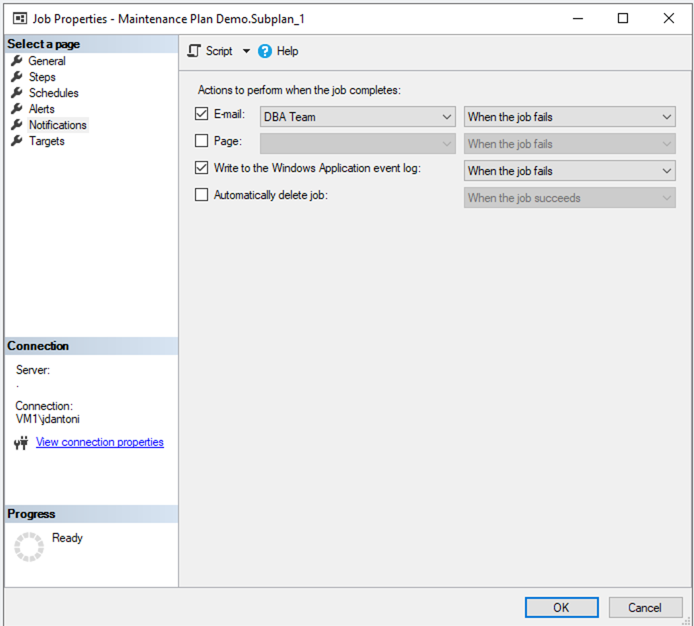 لقطة شاشة توضح كيفية تعيين مستلم إعلام لفشل الوظيفة.
