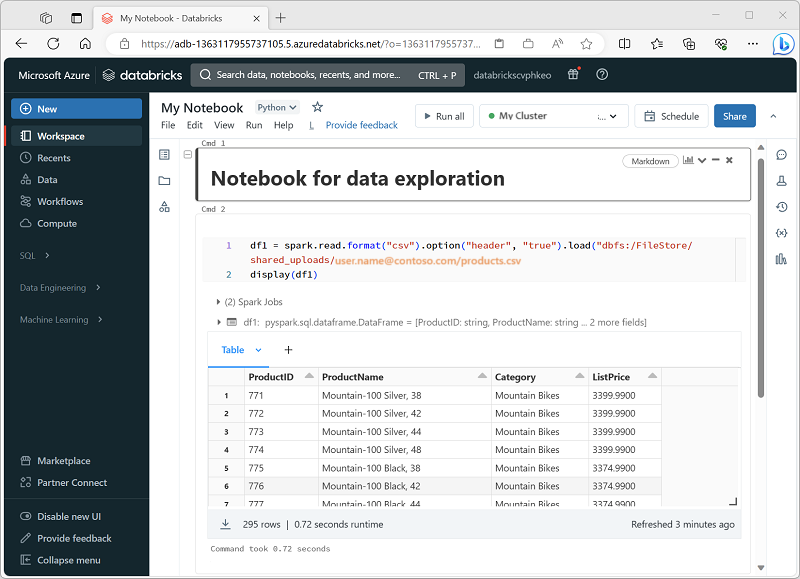 لقطة شاشة لدفتر ملاحظات في Azure Databricks.