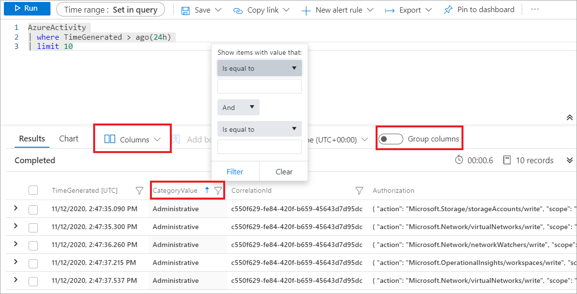 لقطة شاشة لنتائج الاستعلام مع استدعاء العناصر السابقة.