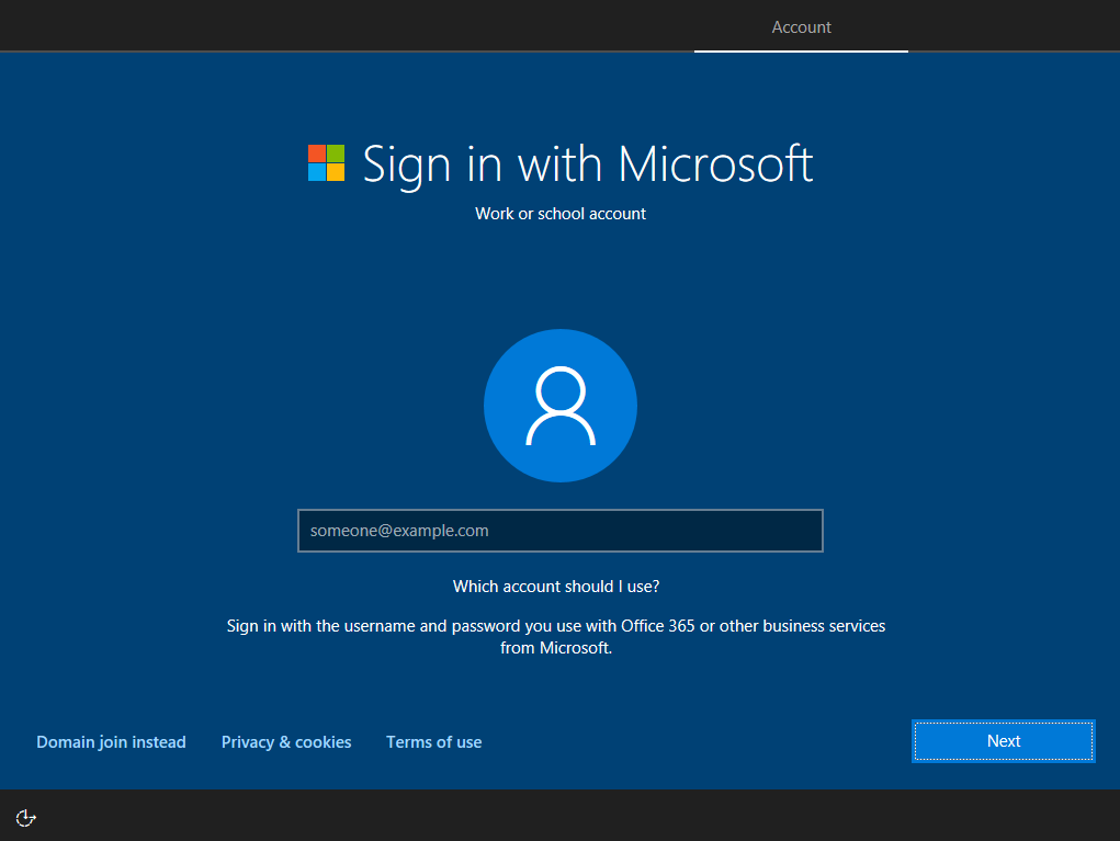 The screenshots depict the dialog boxes that display during the default out-of-box experience setup phase and during the Windows AutoPilot–controlled OOBE setup phase.