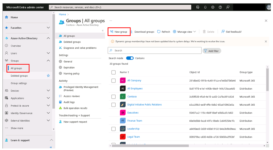 Screenshot showing the All groups window in the Microsoft Entra admin center with the New group option highlighted.