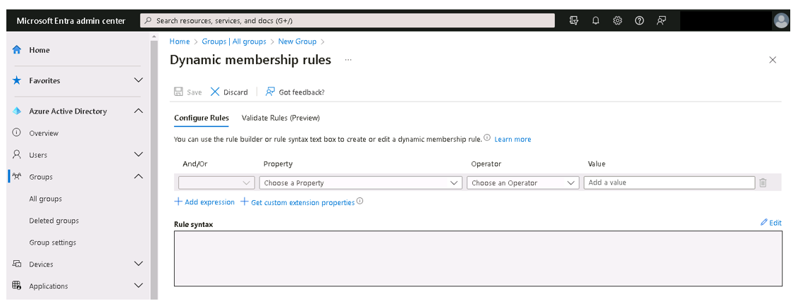 Screenshot showing the Dynamic membership rules window.