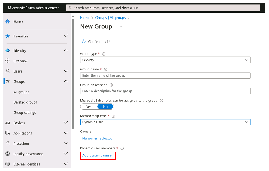 Screenshot showing the New group window with the Add dynamic query option highlighted.