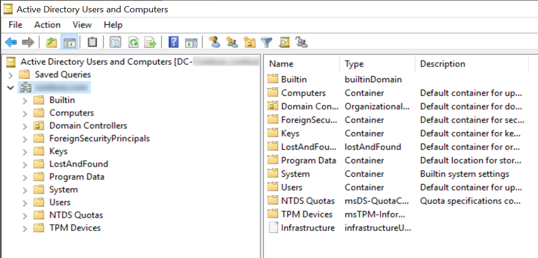 Screenshot of the Active Directory Users and Computers window.