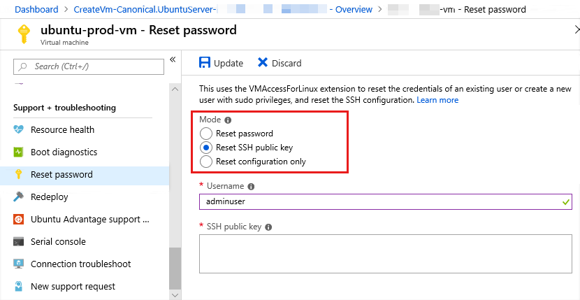 Screenshot to reset the S S H configuration or credentials in the Azure portal.