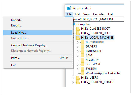 Screenshot of the HKEY_LOCAL_MACHINE key and the Load Hive option in the File menu of Registry Editor.