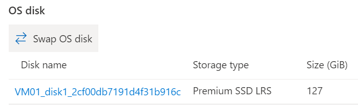 Screenshot of the disks blade in Azure portal with the swap O S disk option highlighted.