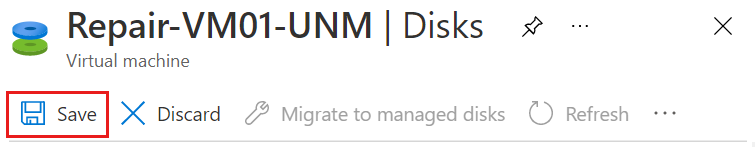 Screenshot of the Disks blade with the Save button highlighted.