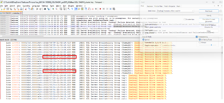 Screenshot that shows a tool to locate all the health events in the cluster log.