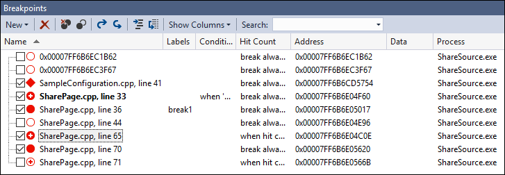 Breakpoints window