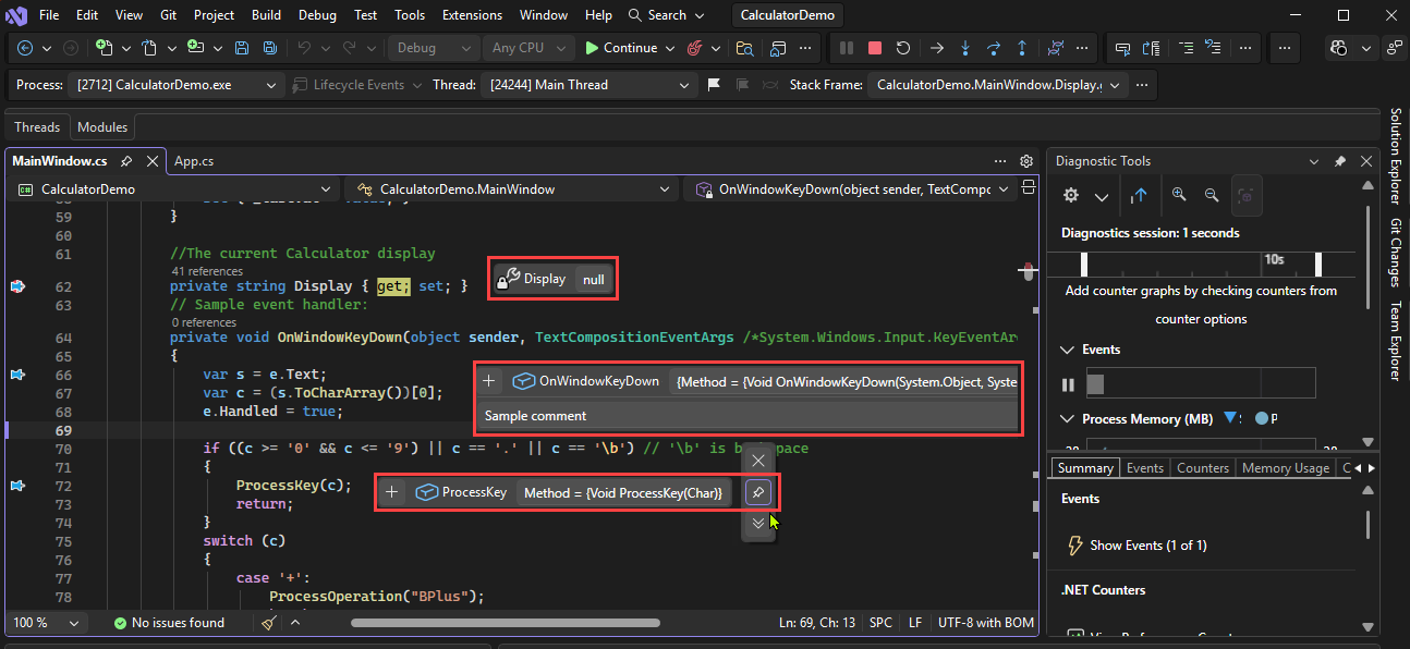 Screenshot of a debugging session in Visual Studio with examples of data tips.
