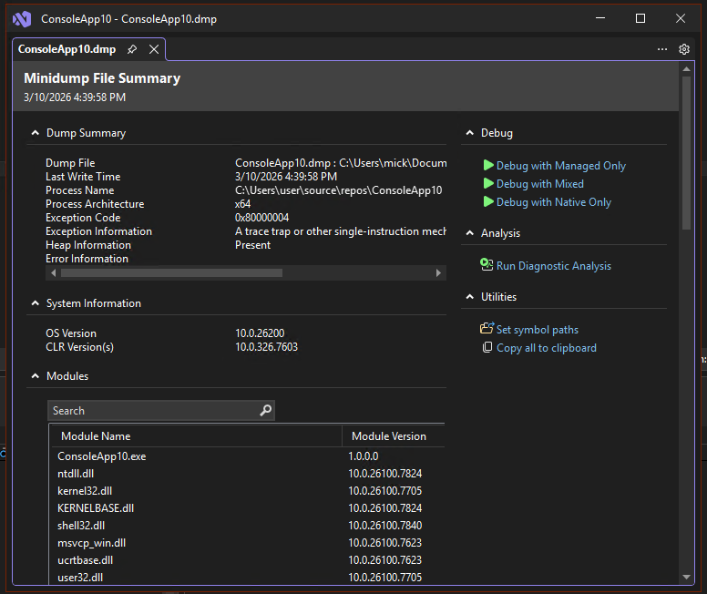 Screenshot showing the Minidump summary page.