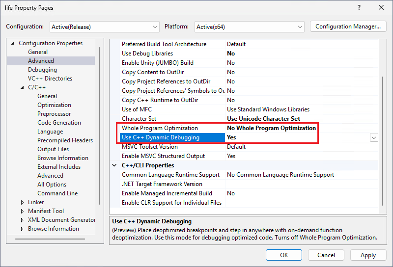 A screenshot that shows the advanced project properties.