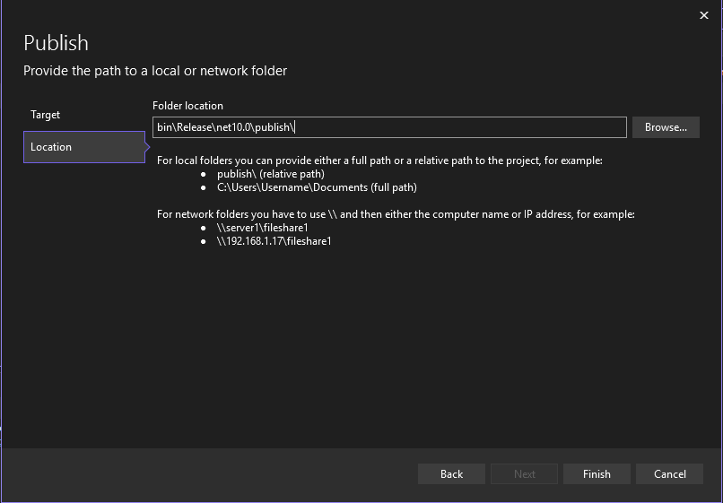 Screenshot showing the Publish wizard screen to publish to folder.