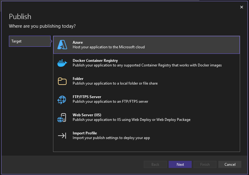 Screenshot showing the Publish wizard, showing the available publish targets.