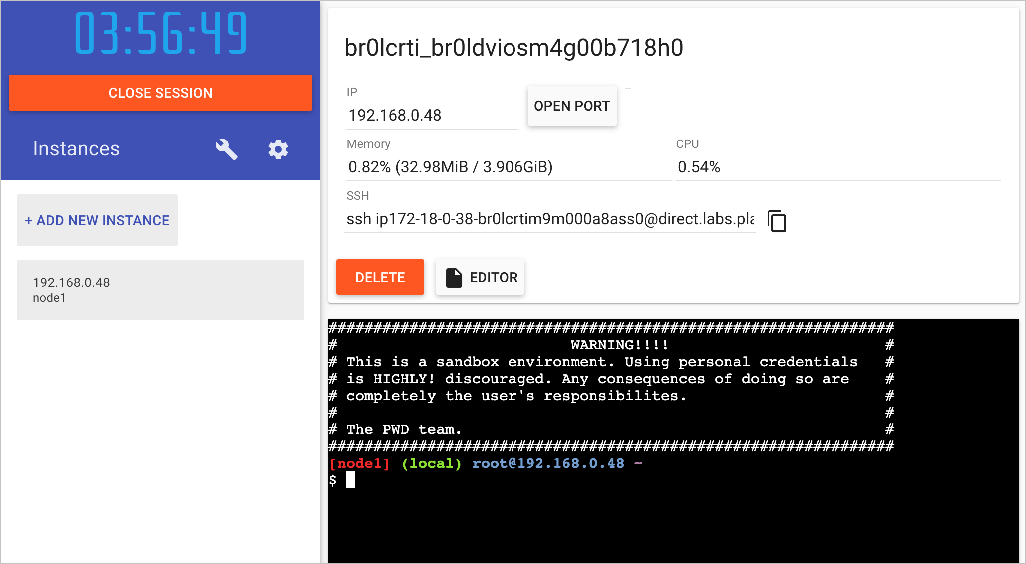 Screenshot shows the Play with Docker site with an add new instance link.