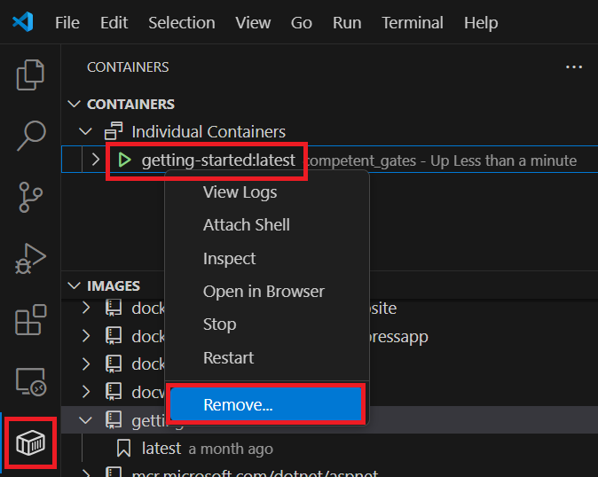 Screenshot shows the Container Tools extension with a container selected and a context menu with Remove selected.
