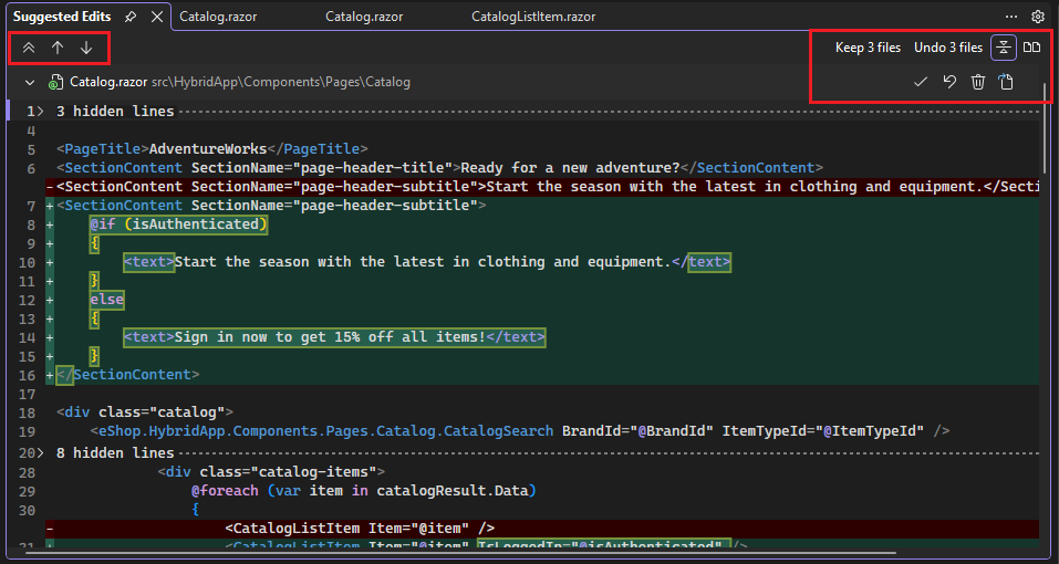 Screenshot of the multi-file summary diff view displaying multiple files with inline diffs and accept/undo controls.